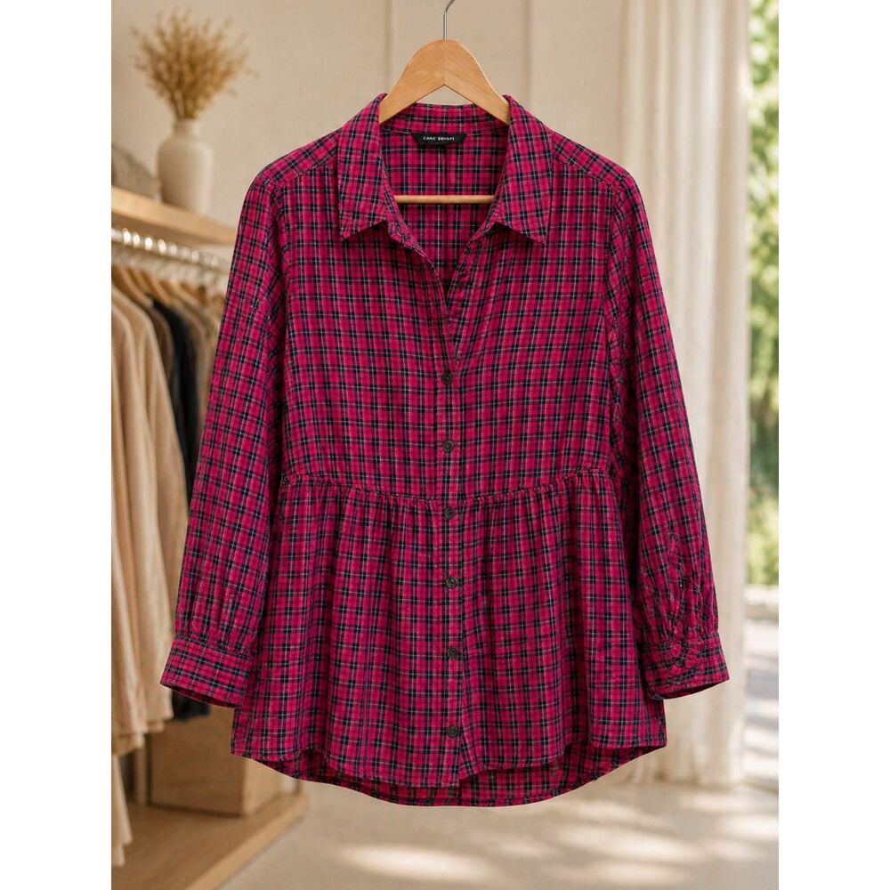 Lane Bryant Plaid Blouse Size 16 Pink Black Peplum Casual